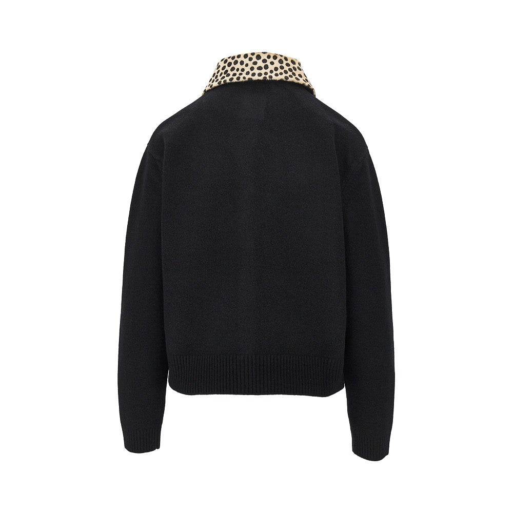 cheetah-print collar wool cardigan