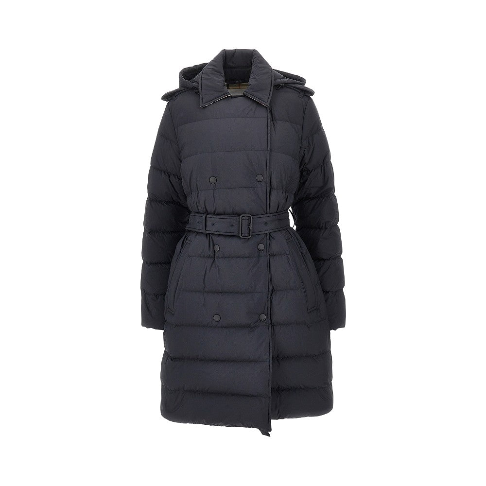 knee-length down jacket with belt