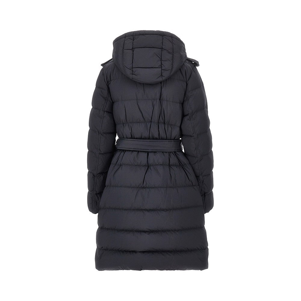 knee-length down jacket with belt