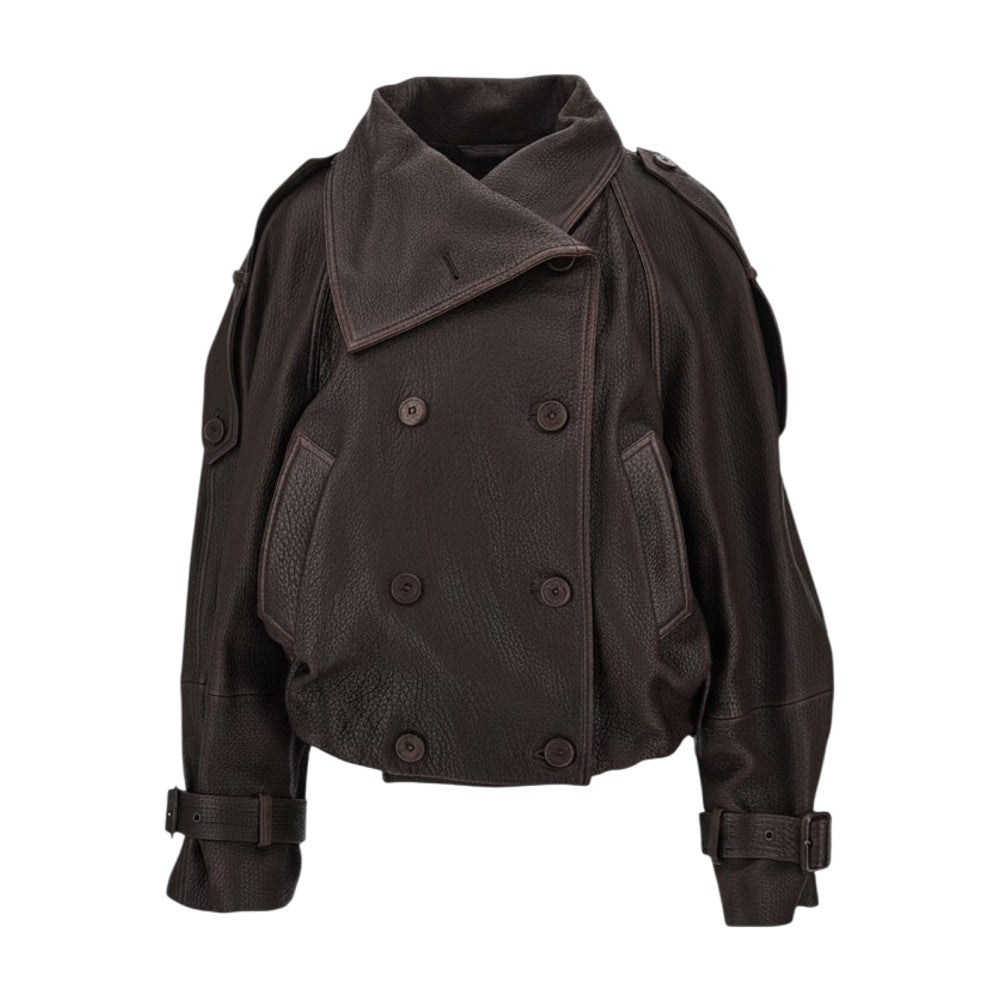 grained leather double-breasted bomber jacket