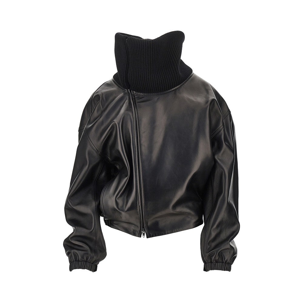 nappa leather jacket with rib knit collar
