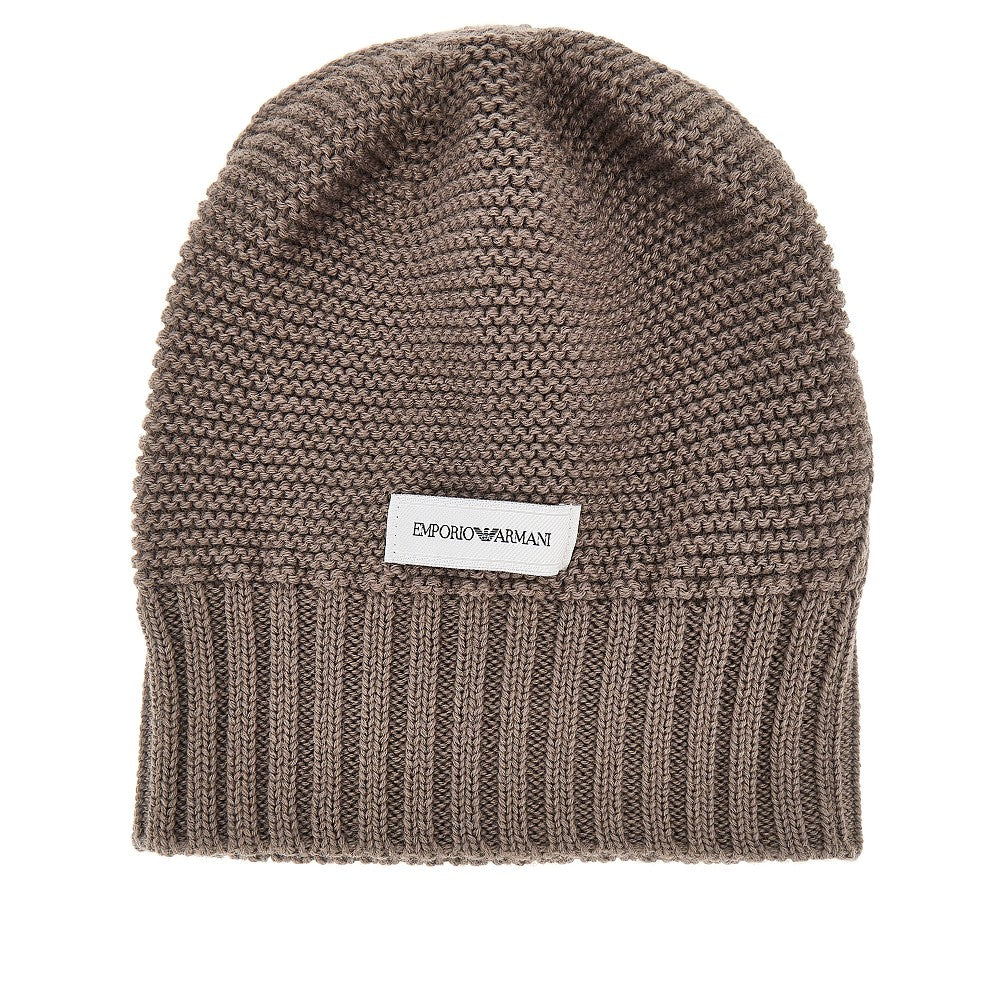 knitted beanie hat with logo label