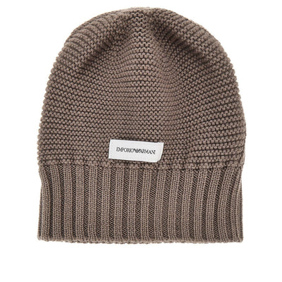 knitted beanie hat with logo label