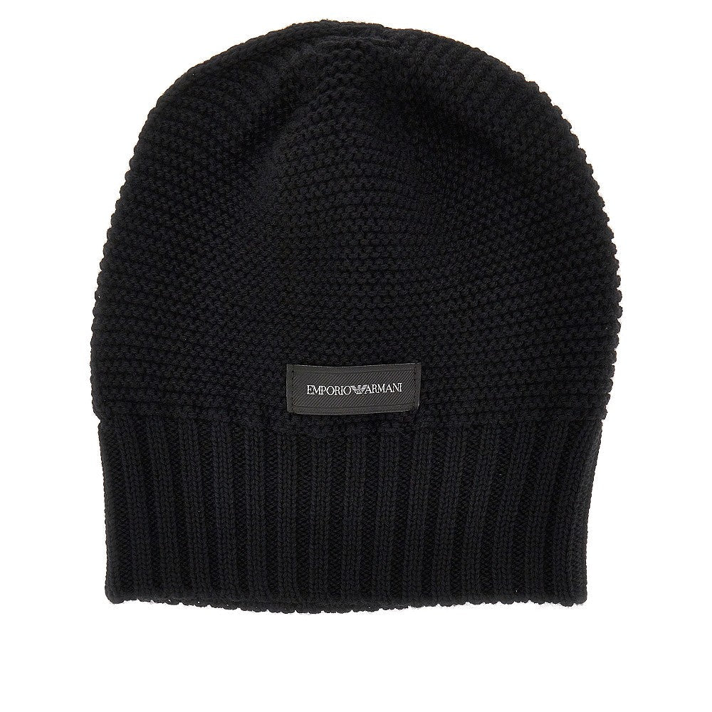 knitted beanie hat with logo label