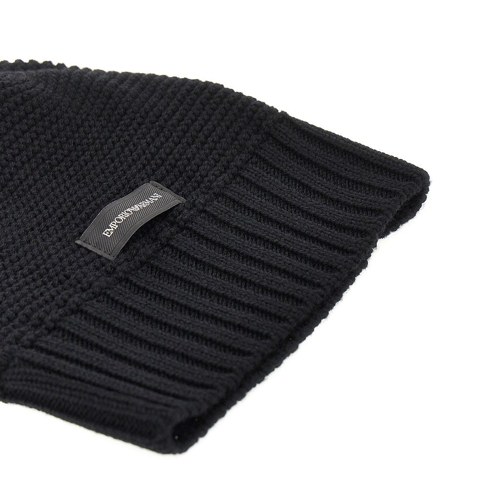 knitted beanie hat with logo label
