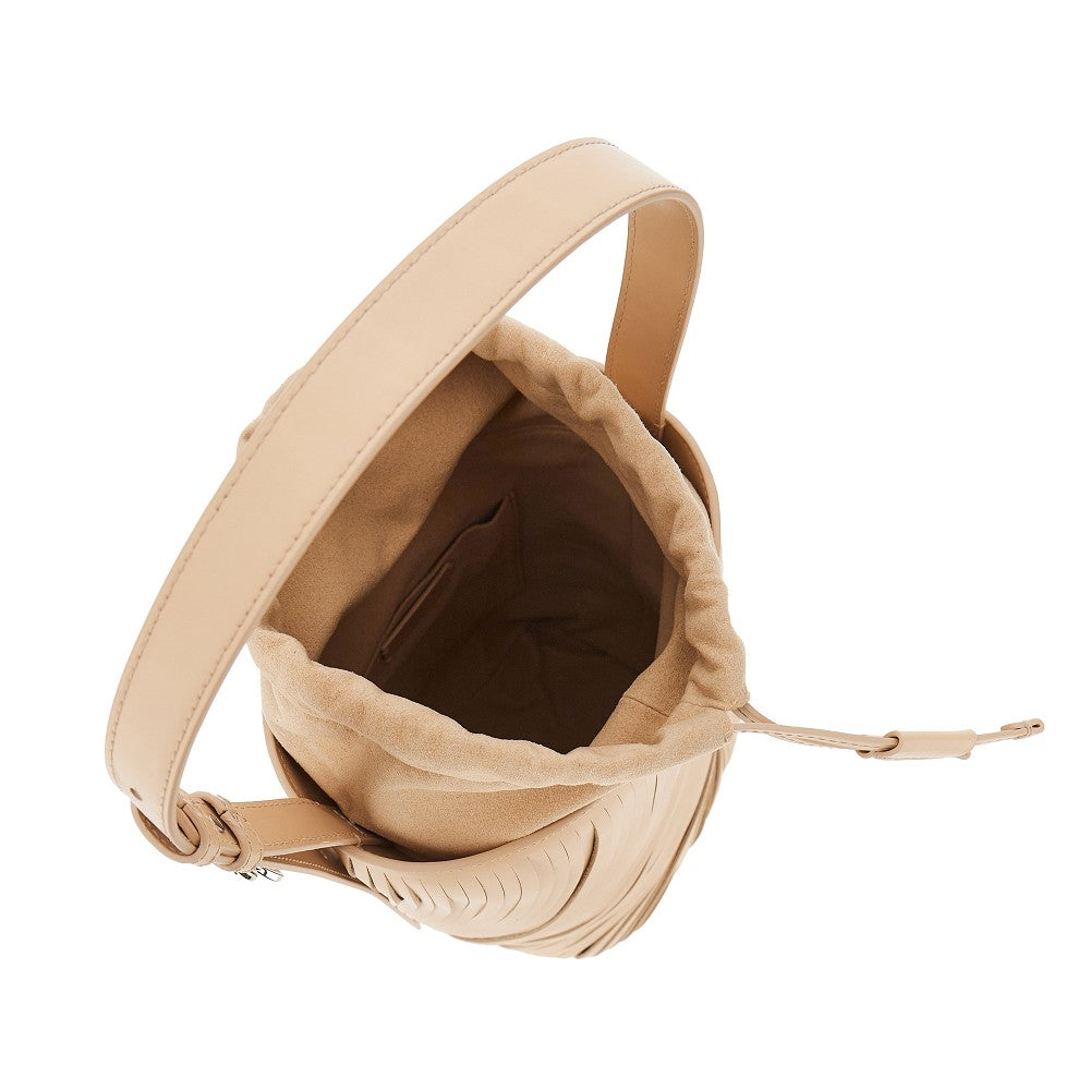 fringed cut leather bucket bag