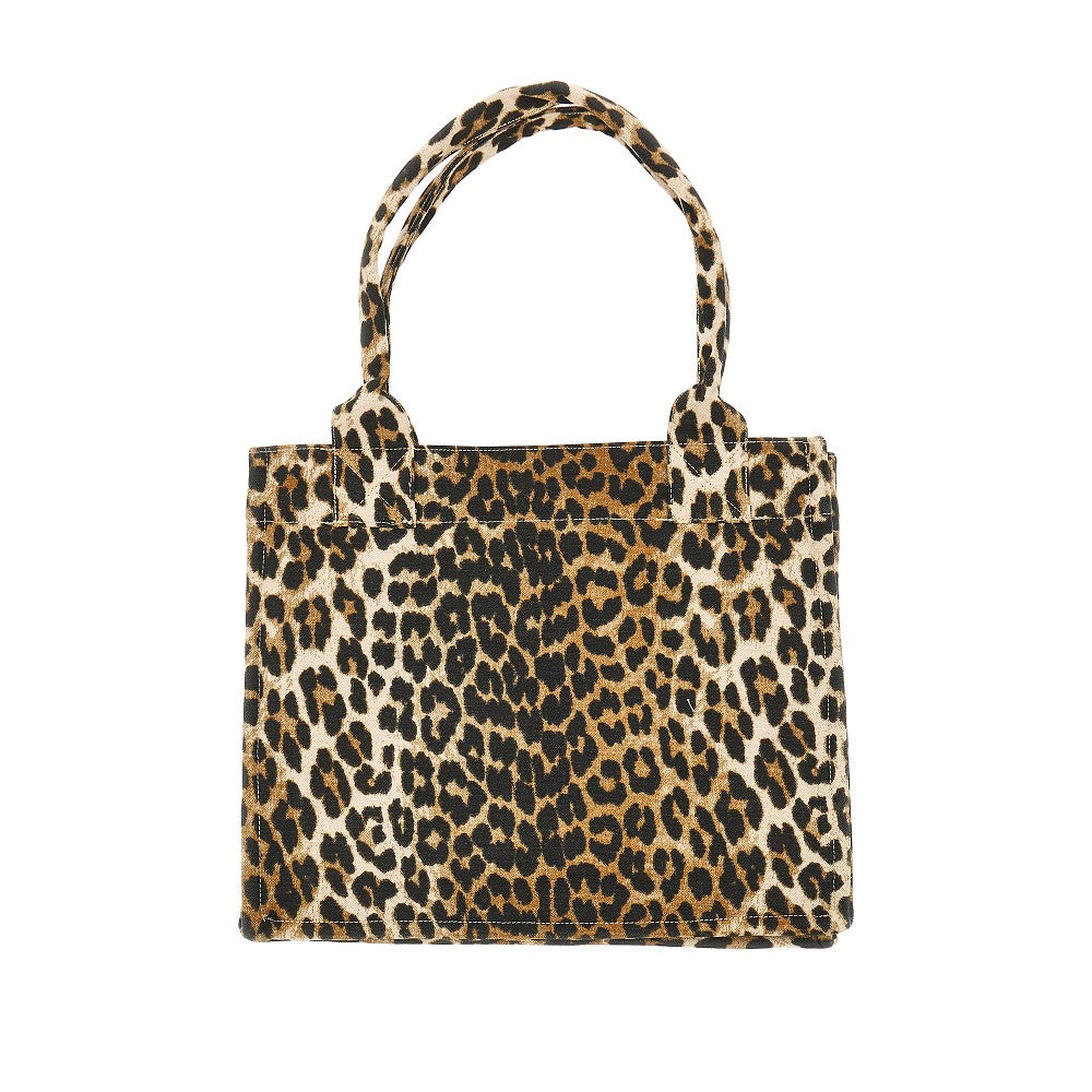 GANNI OS leopard canvas large tote bag