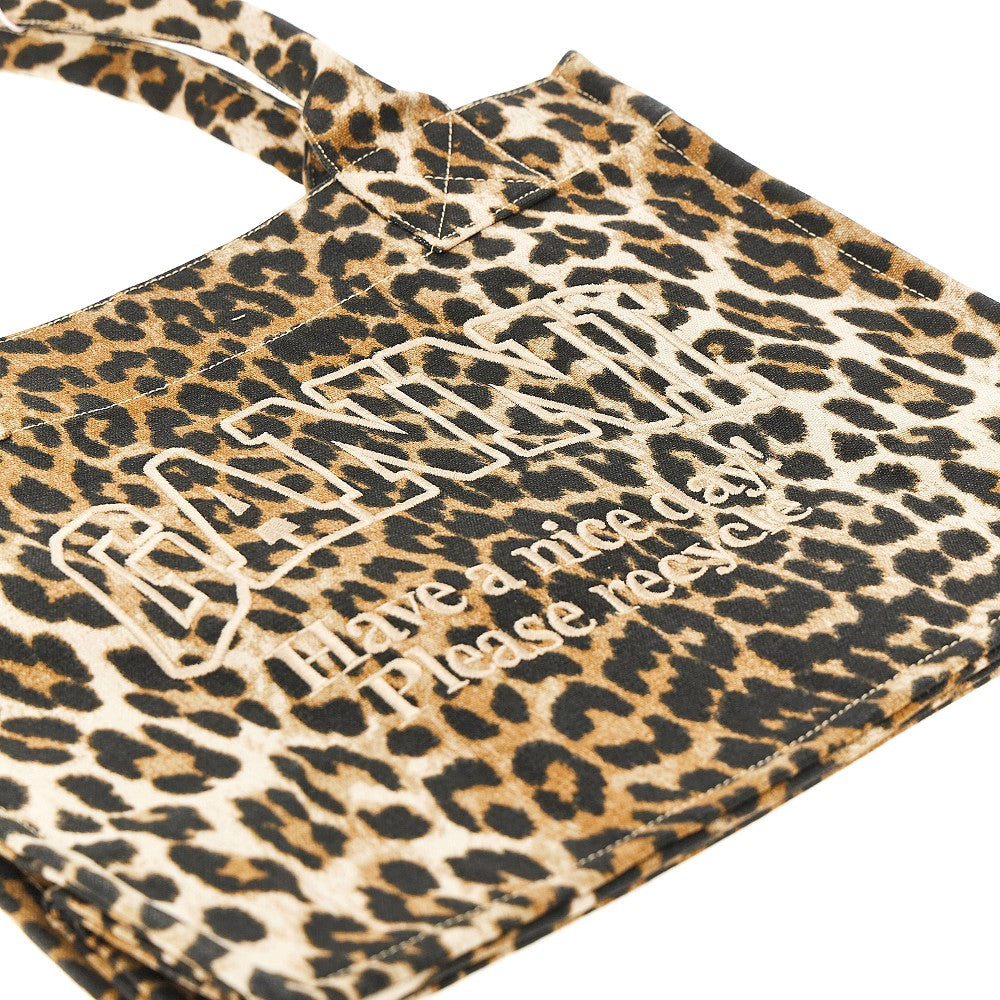 GANNI OS leopard canvas large tote bag