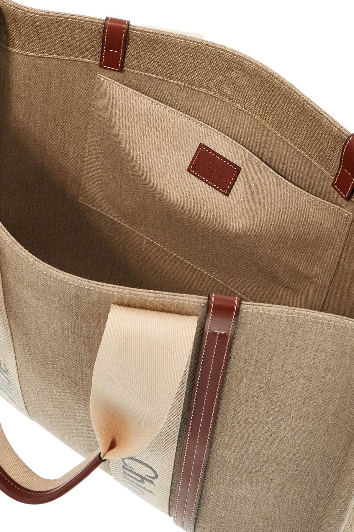 Wide Woody In Linen And Beige Leather With Logo Bag