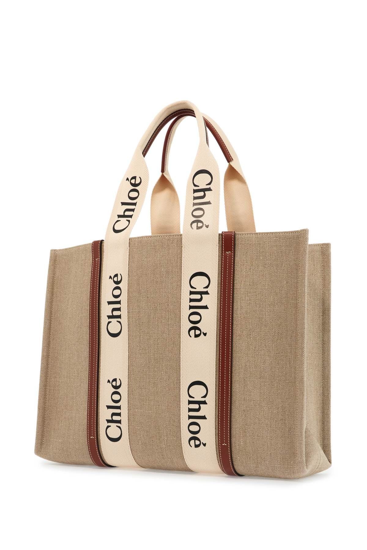 Wide Woody In Linen And Beige Leather With Logo Bag