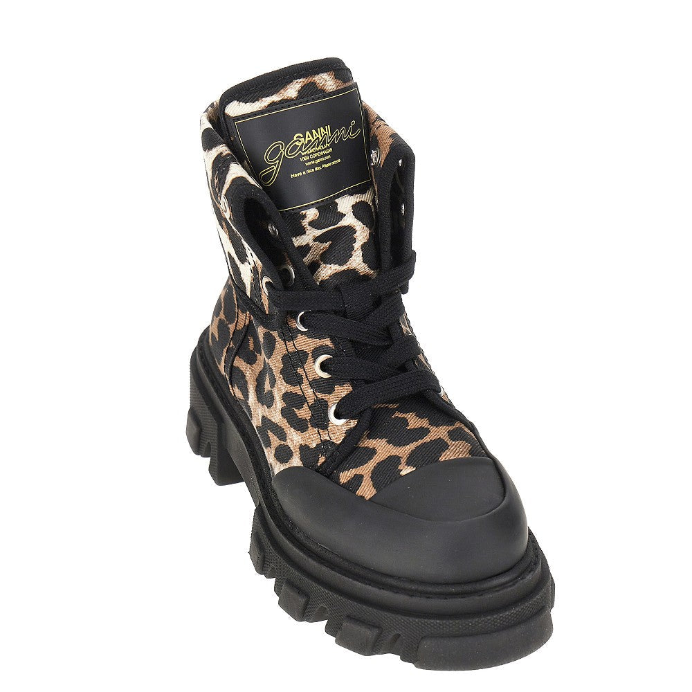 leopard-printed denim boots