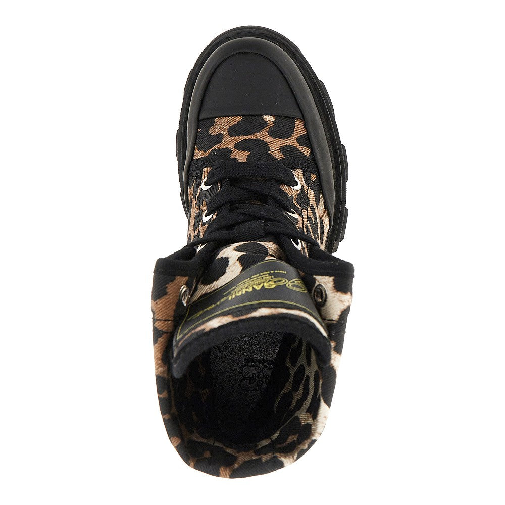 leopard-printed denim boots