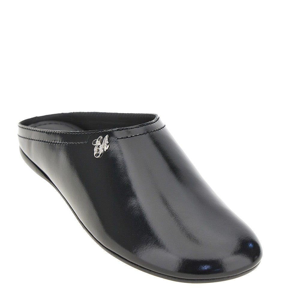 pantent and brushed leather mules