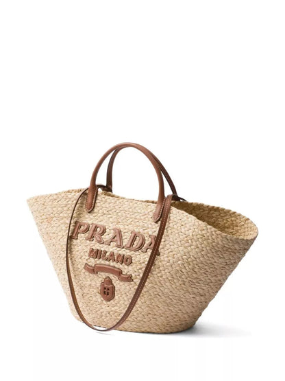 large logo raffia and leather shopping bag