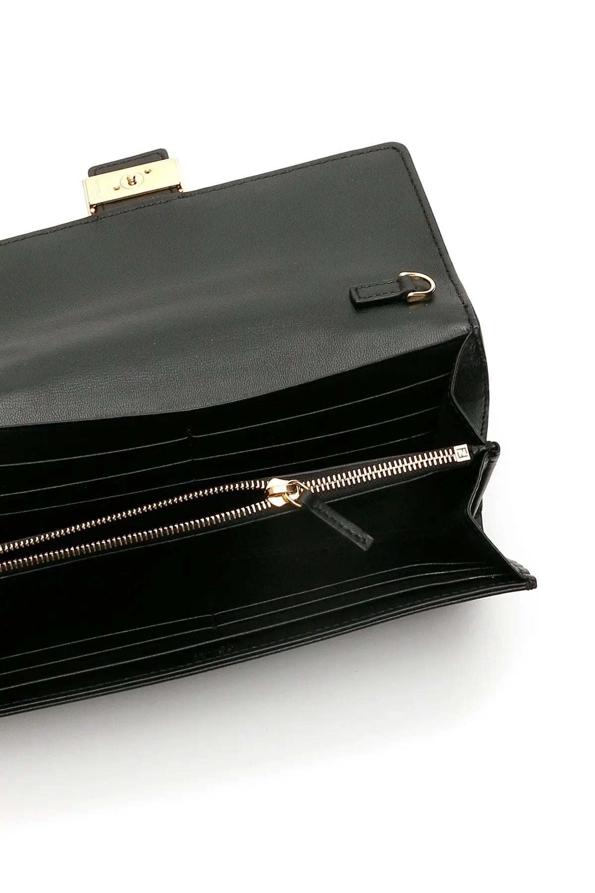 FF Embossed Baguette Black Leather Wallet on Chain