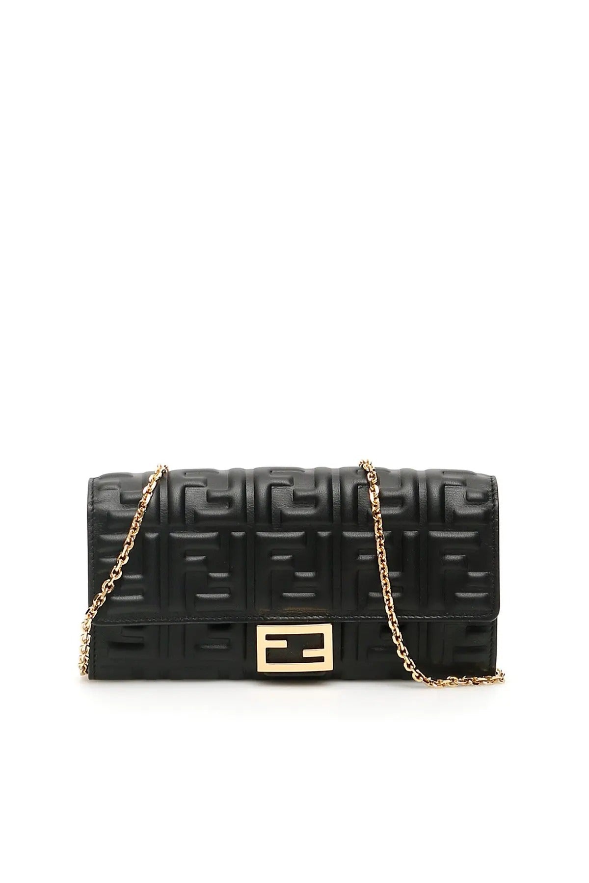 FF Embossed Baguette Black Leather Wallet on Chain