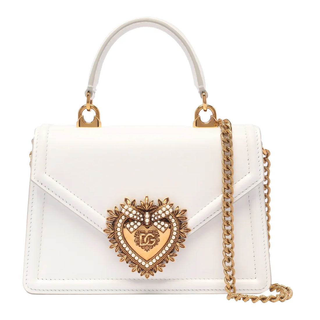 DOLCE & GABBANA Small Devotion Leather Top Handle Bag – White