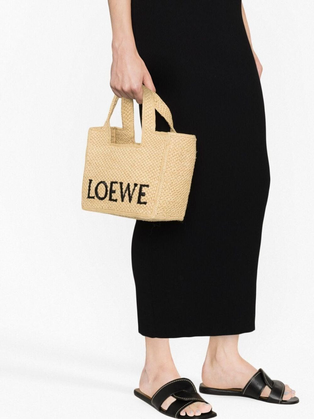 small loewe font tote bag in raffia