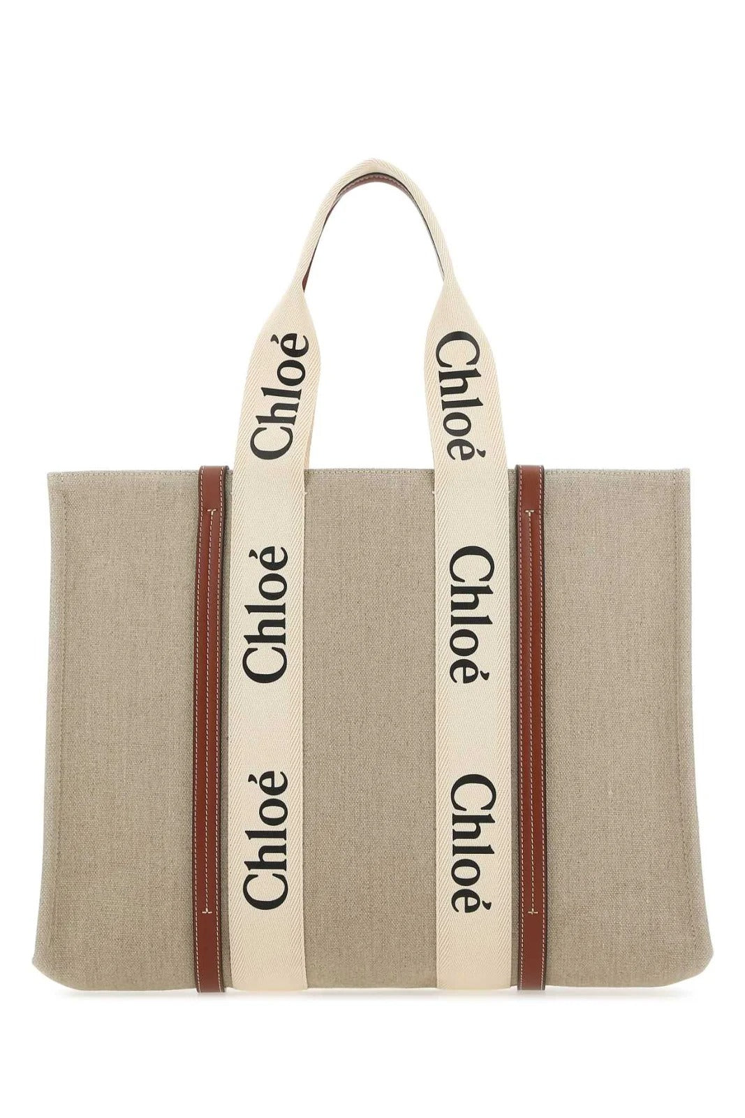 CHLOE Woody Large Brown Leather Trimmed Canvas Tote