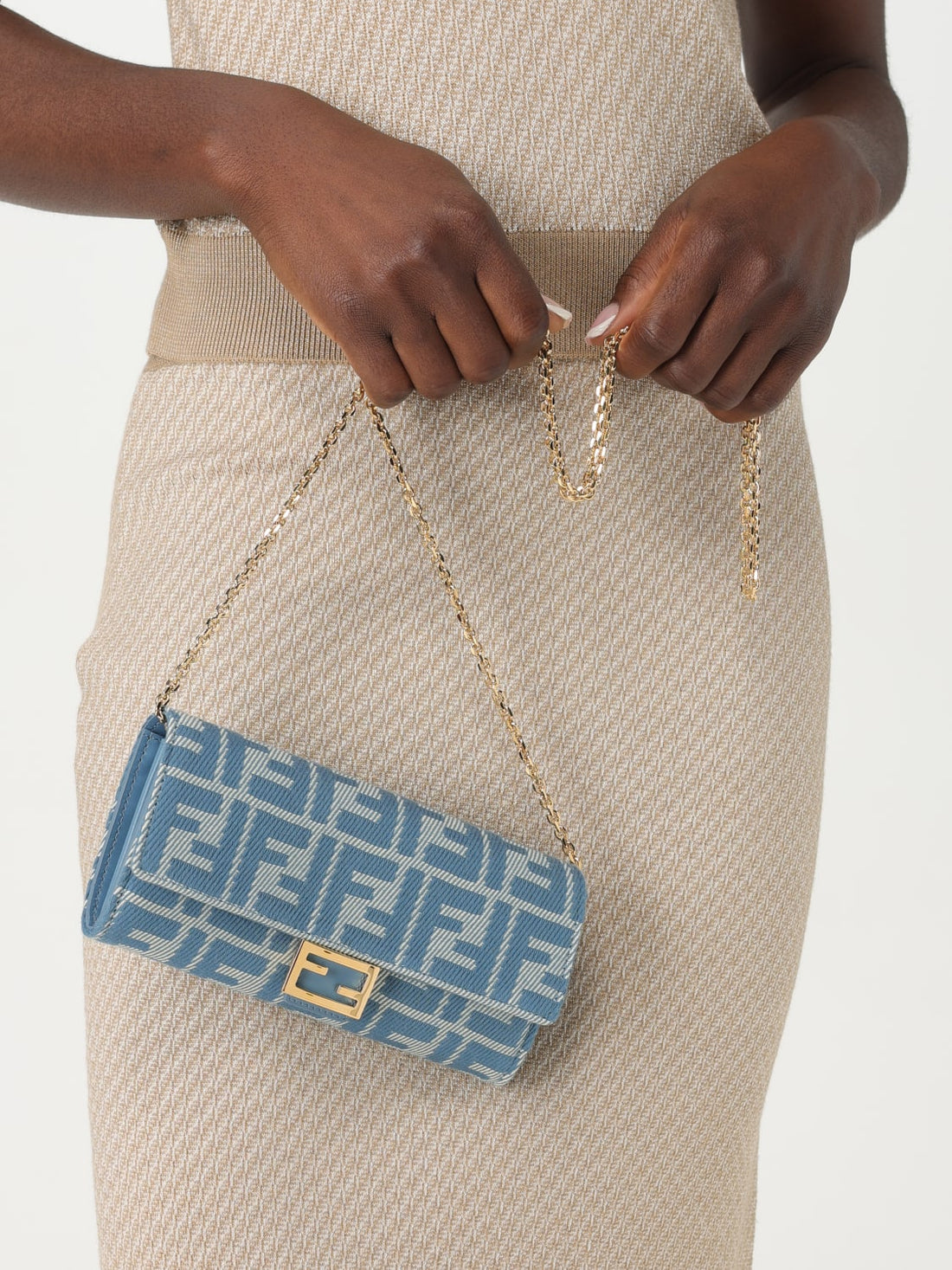 baguette ff denim chain wallet