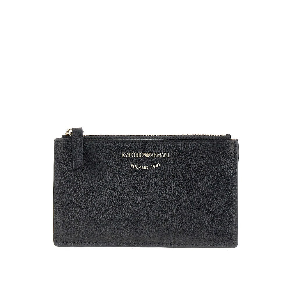 grained leather card holder with logo