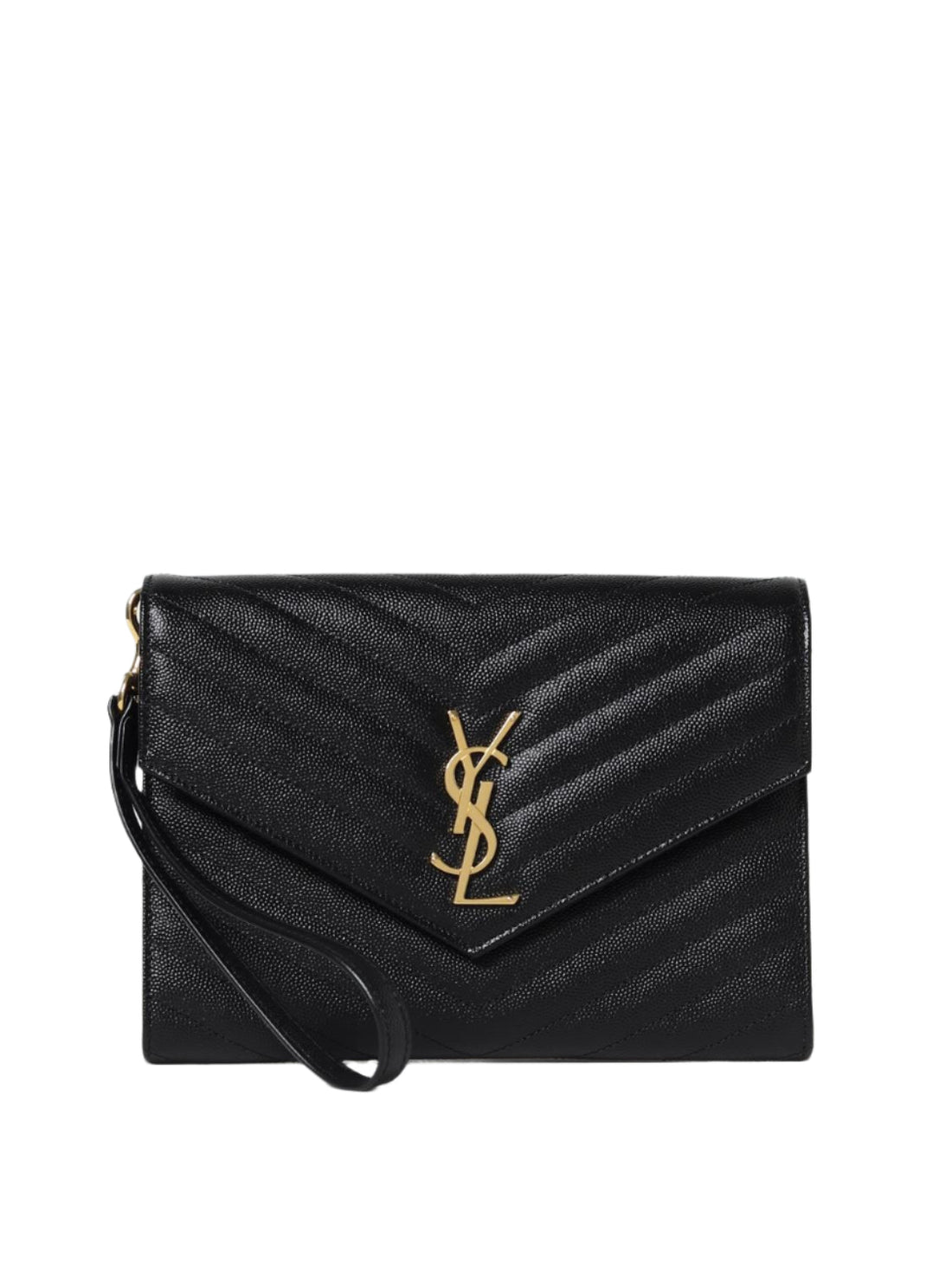 SAINT LAURENT Cassandre Envelope Flap Leather Wristlet Pouch – Black